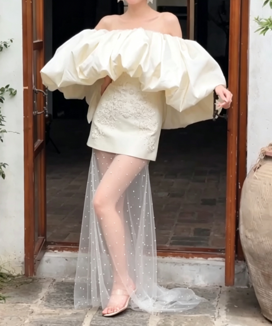 Cute Off-Shoulder Ivory Homecoming Dress Beads Appliques Sheath Birthday Dress GG6615