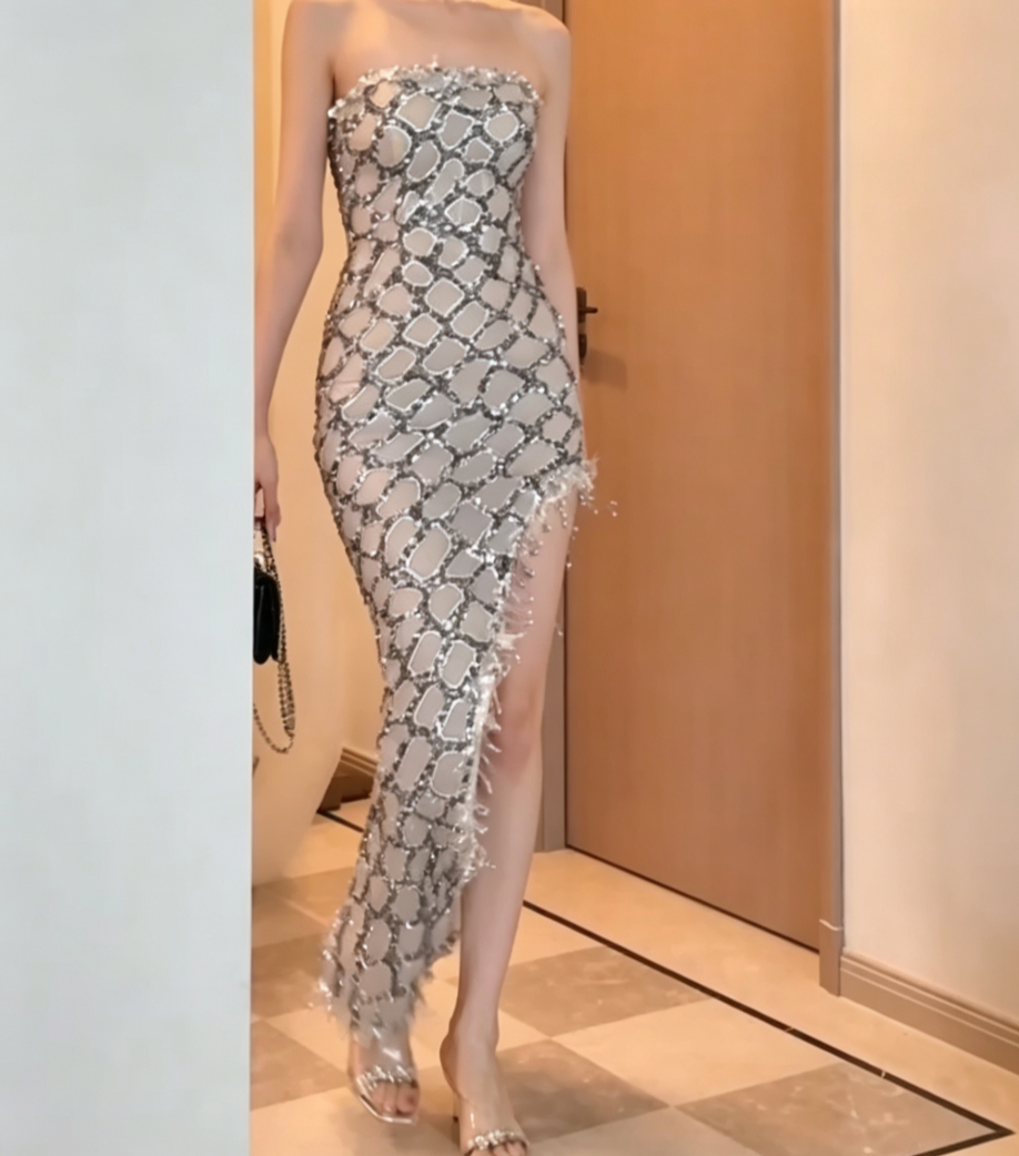 Chic Strapless Silver Prom Dress Sequins Beaded High Slit Sheath Evening Dress GG6618