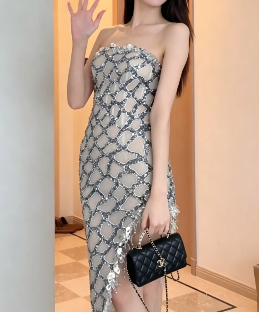 Chic Strapless Silver Prom Dress Sequins Beaded High Slit Sheath Evening Dress GG6618