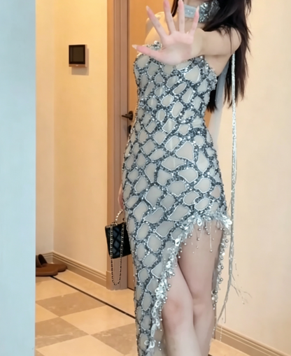 Chic Strapless Silver Prom Dress Sequins Beaded High Slit Sheath Evening Dress GG6618