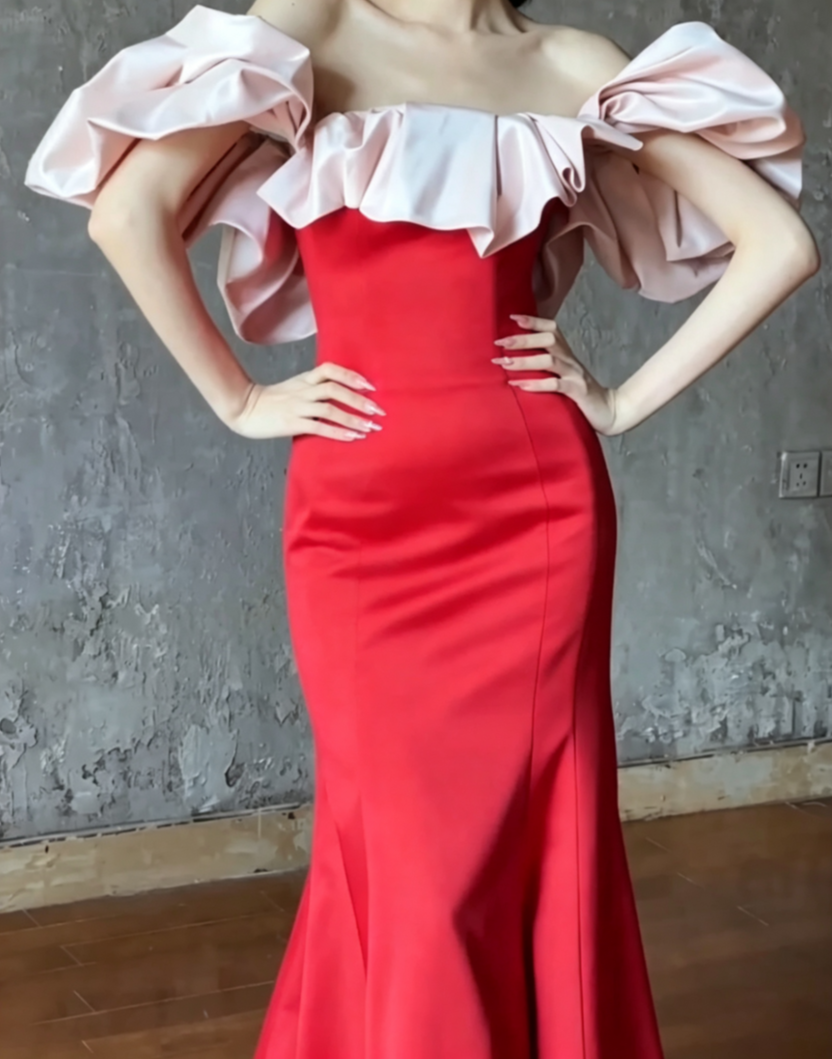 Vintage Off-Shoulder Red Prom Dress Ruffles Satin Mermaid Evening Dress GG6621