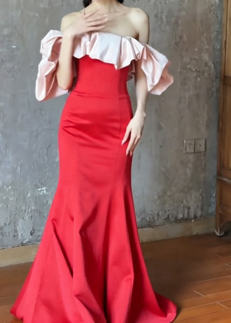 Vintage Off-Shoulder Red Prom Dress Ruffles Satin Mermaid Evening Dress GG6621