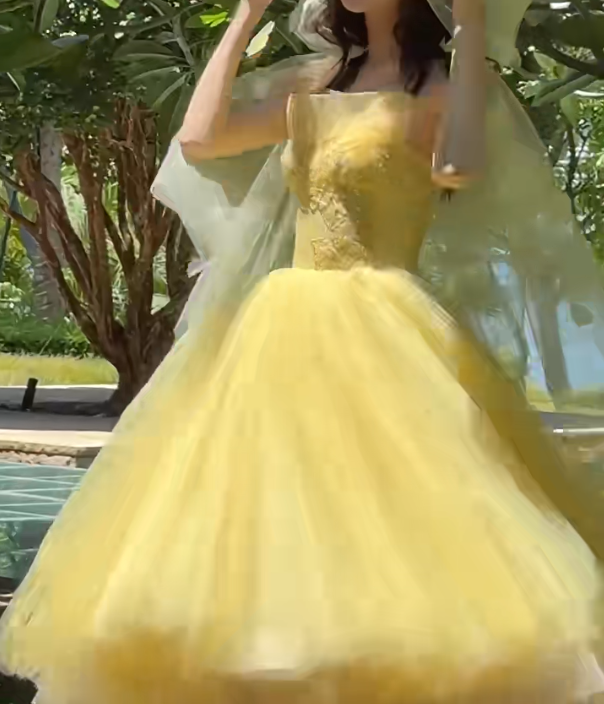 Adorable Strapless Yellow Prom Dress Tulle Beading A-Line Evening Dress GG6632