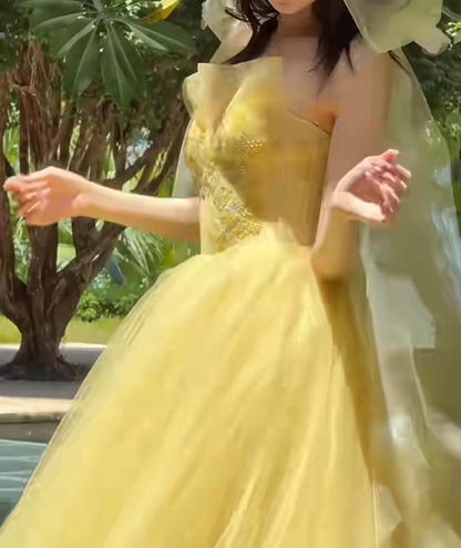 Adorable Strapless Yellow Prom Dress Tulle Beading A-Line Evening Dress GG6632