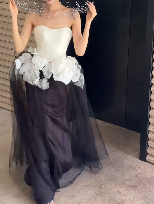 Unique Strapless Black & White Prom Dress Appliques Tulle Mermaid Evening Dress GG6636