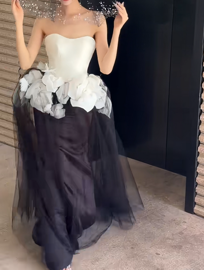 Unique Strapless Black & White Prom Dress Appliques Tulle Mermaid Evening Dress GG6636