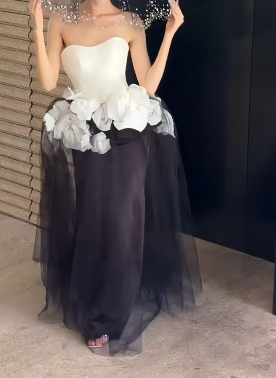 Unique Strapless Black & White Prom Dress Appliques Tulle Mermaid Evening Dress GG6636