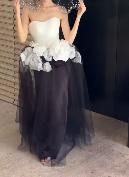 Unique Strapless Black & White Prom Dress Appliques Tulle Mermaid Evening Dress GG6636