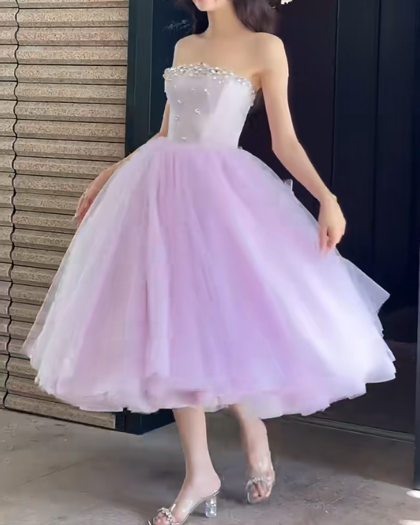 Glittering Strapless Purple Prom Dress Beading Tulle A-Line Evening Dress GG6637