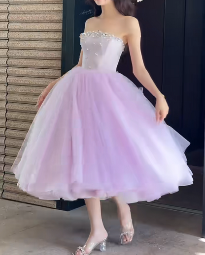 Glittering Strapless Purple Prom Dress Beading Tulle A-Line Evening Dress GG6637