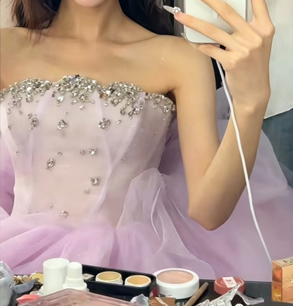 Glittering Strapless Purple Prom Dress Beading Tulle A-Line Evening Dress GG6637