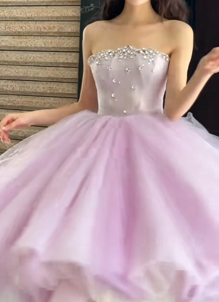 Glittering Strapless Purple Prom Dress Beading Tulle A-Line Evening Dress GG6637
