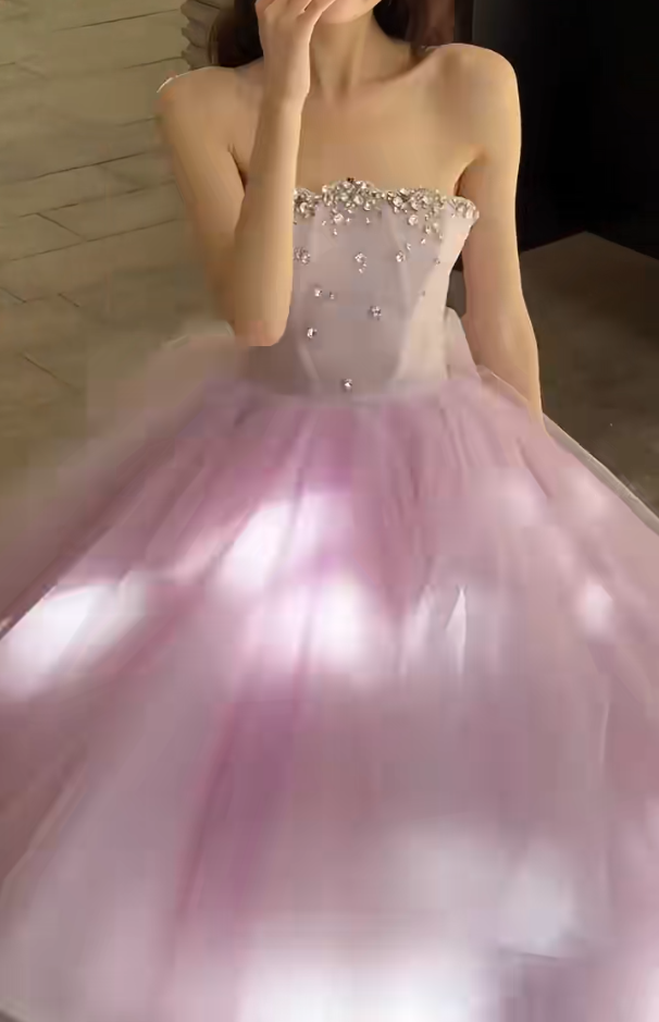 Glittering Strapless Purple Prom Dress Beading Tulle A-Line Evening Dress GG6637