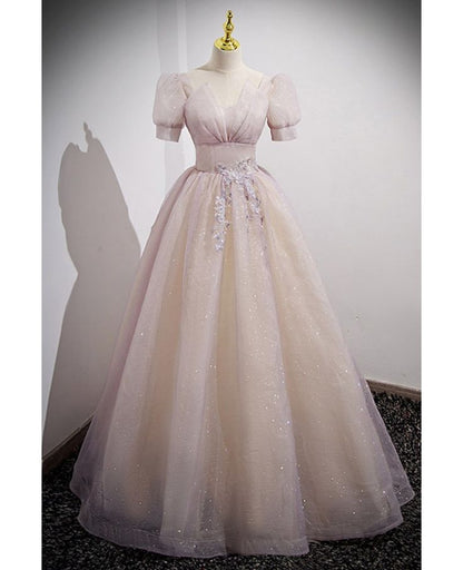 Modest A Line Sequin Tulle Applique Short Puff Sleeve Long Prom Dress,Evening Dress GG759