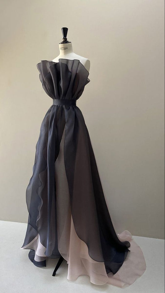 Chic A Line Strapless Chiffon Two Layer Slit Long Prom Dress,Evening Dress GG769