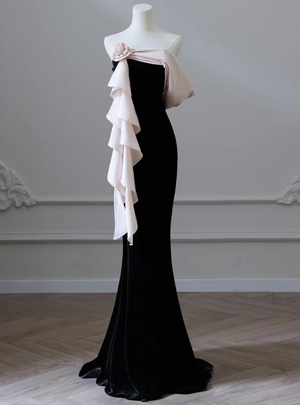 Chic Mermaid Strapless Black Velvet With Pink Chiffon Flower Long Prom Dress,Evening Dress GG797