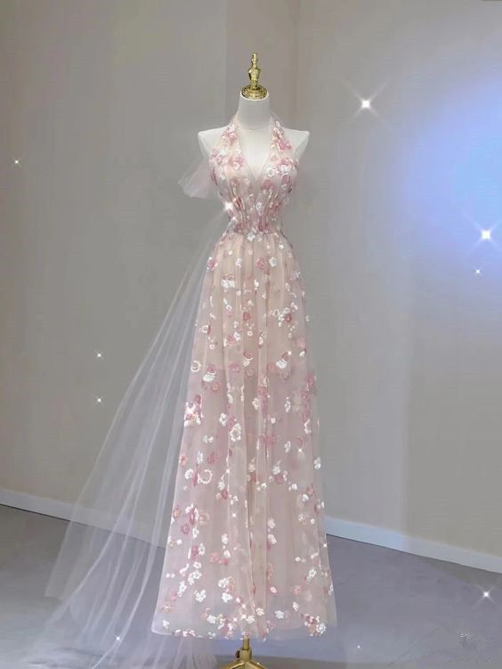 Elegant A Line Halter Pink Tulle Floral Long Prom Dress,Evening Dress GG800