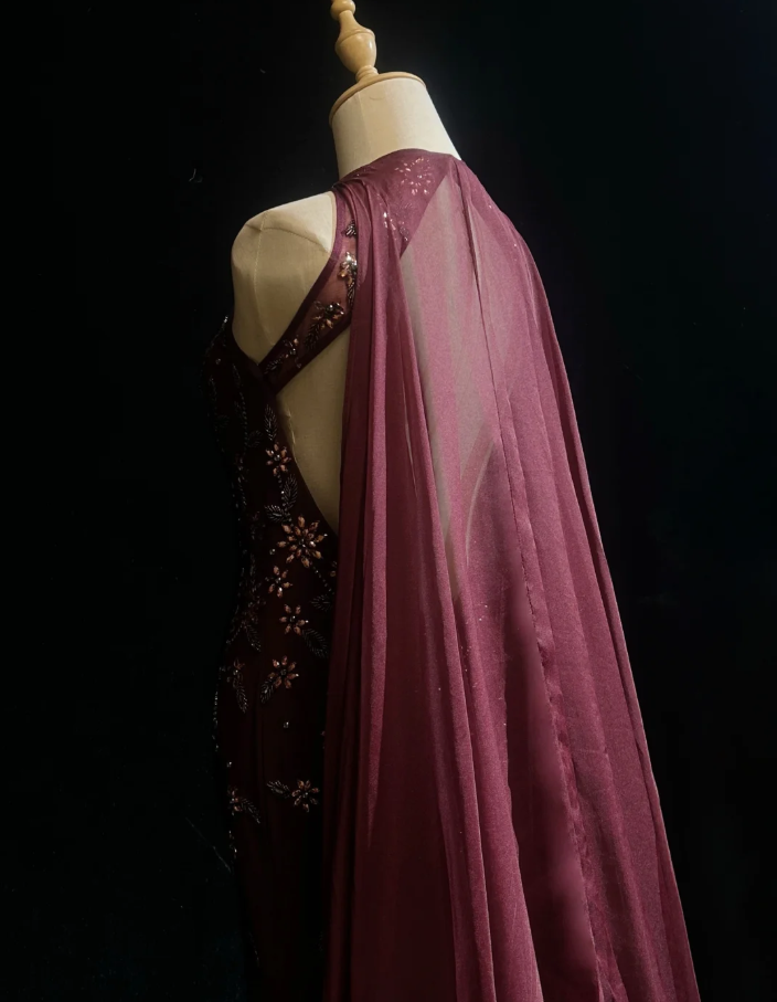 Gorgeous Burgundy Sleeveless Chiffon Beaded Mermaid Long Evening Dress Backless Birthday Dress SP1786