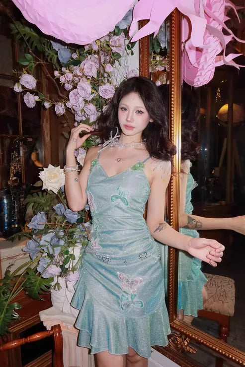 Fashion Mint Green Sparkling Sequin Spaghetti Strap Ruffled Hem Short 16th Birthday Party Dress Homecoming Dress TP4039