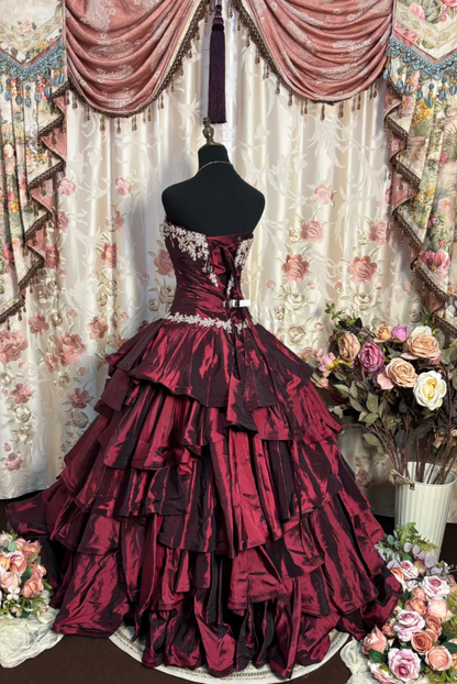 Charming Burgundy Ball Gown Strapless Beaded Appliques Satin Layered Birthday Quinceanera Dress