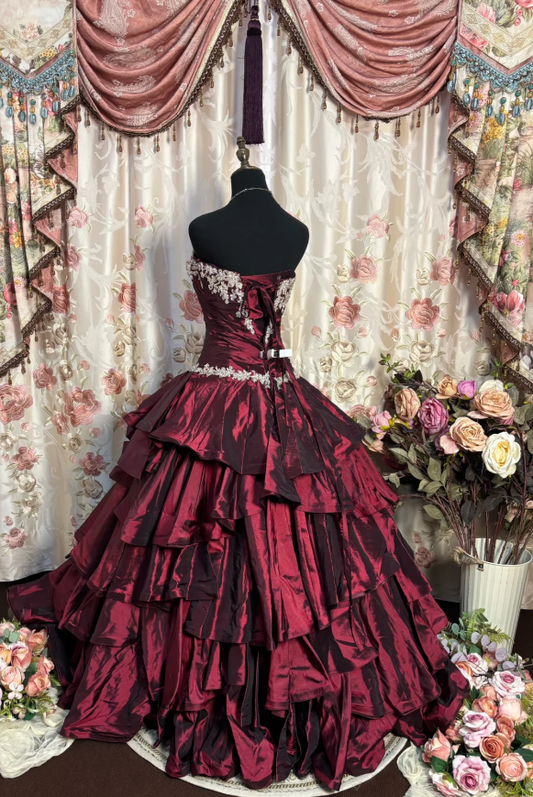 Charming Burgundy Ball Gown Strapless Beaded Appliques Satin Layered Birthday Quinceanera Dress