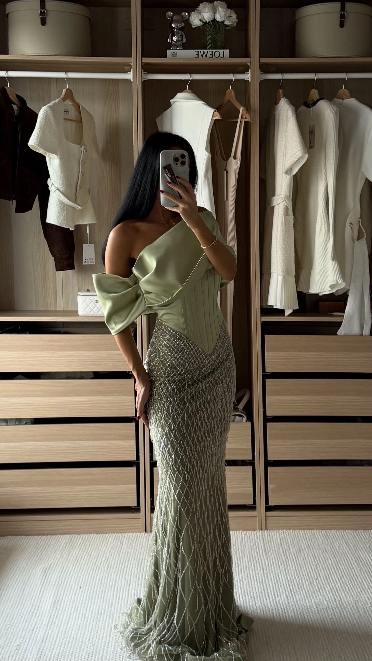 Unique Sage Green Off The Shoulder Satin Sequin Mermaid Long Evening Dress Birthday Prom Gown SP1474