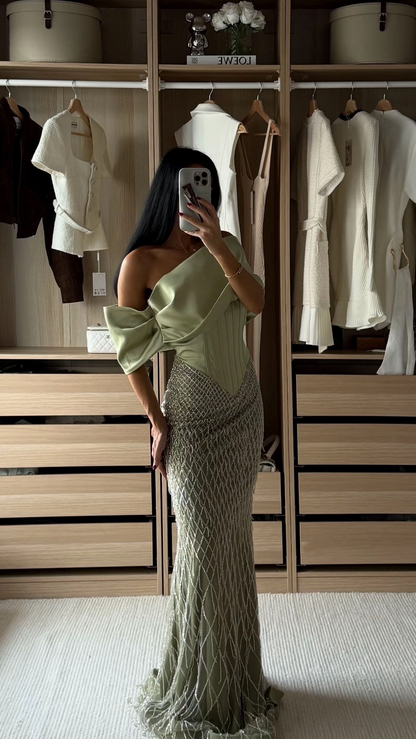 Unique Sage Green Off The Shoulder Satin Sequin Mermaid Long Evening Dress Birthday Prom Gown SP1474