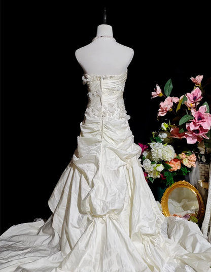 Pretty Ivory Strapless Satin Pleated Appliques Mermaid Party Dress Long Birthday Evening Gown