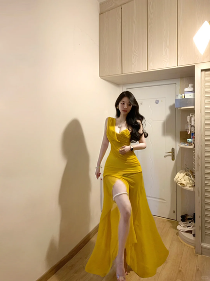 Sexy Mermaid Slit Yellow Chiffon Long Prom Gown Party Dress  SP299