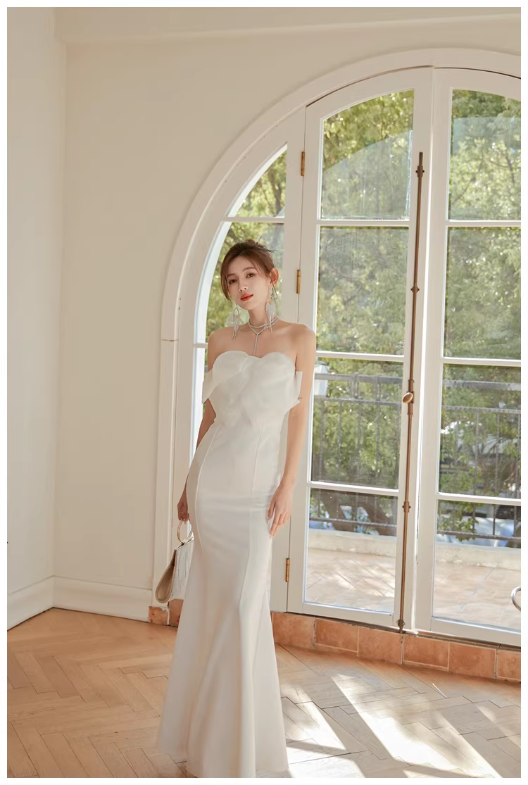 Classy White Strapless Bow Satin Mermaid Long Wedding Guest Dress Formal Evening Dress Prom Gown