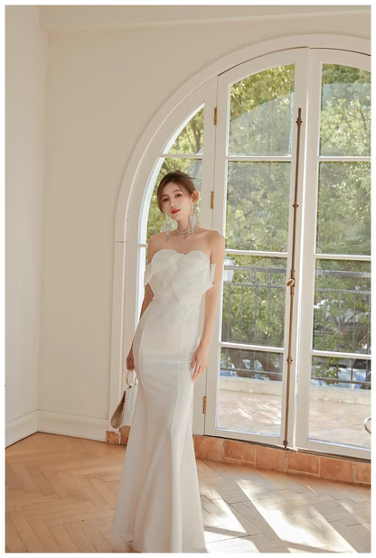 Classy White Strapless Bow Satin Mermaid Long Wedding Guest Dress Formal Evening Dress Prom Gown