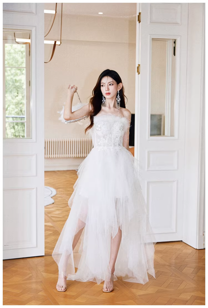Classy White Feathers Strapless Embroidered Tulle Sequin Appliques Long Birthday Prom Dress Evening Gown