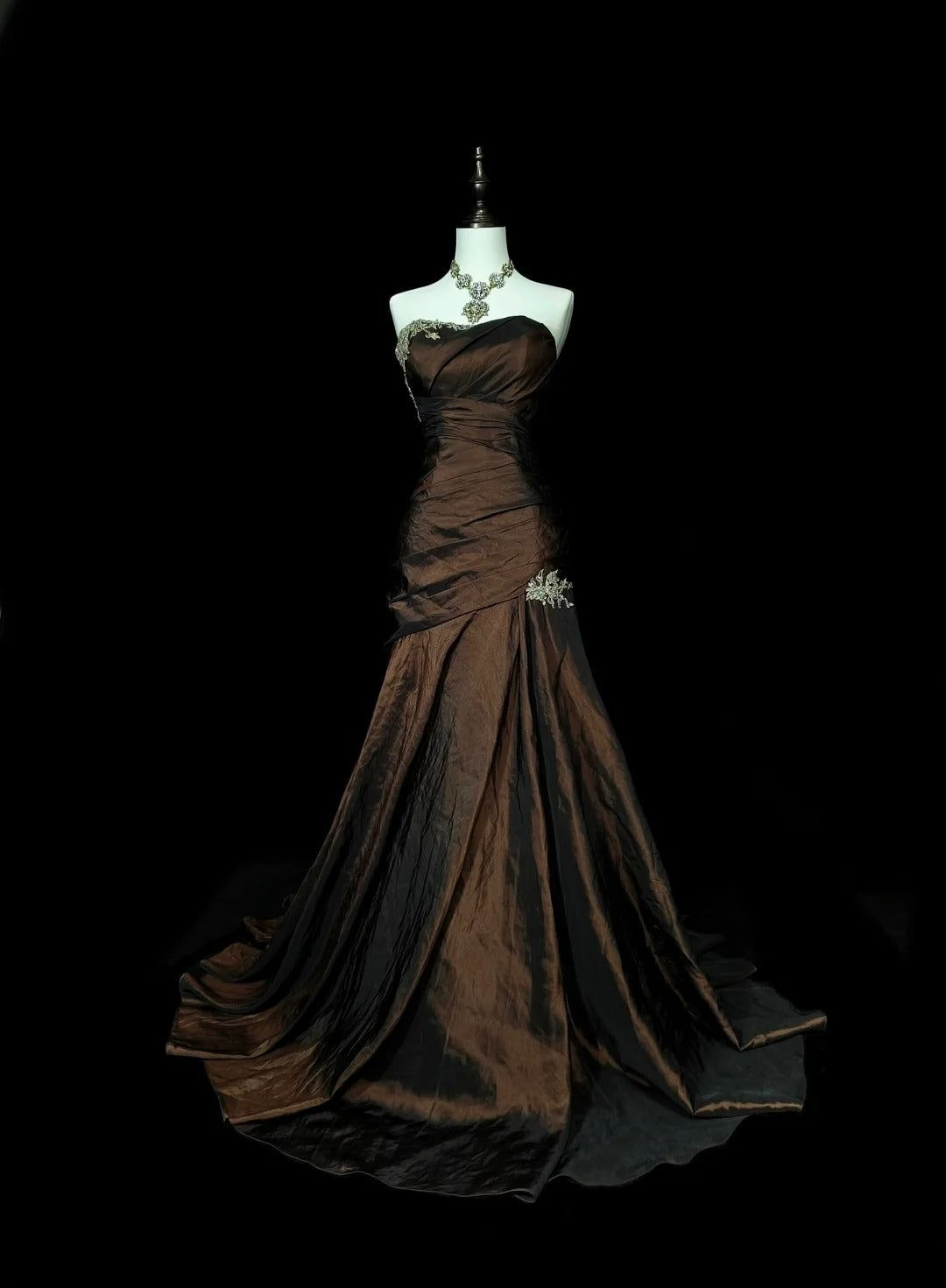 Vintage Brown Strapless Beaded Satin Mermaid Long Wedding Guest Dress Birthday Party Dress Evening Gown