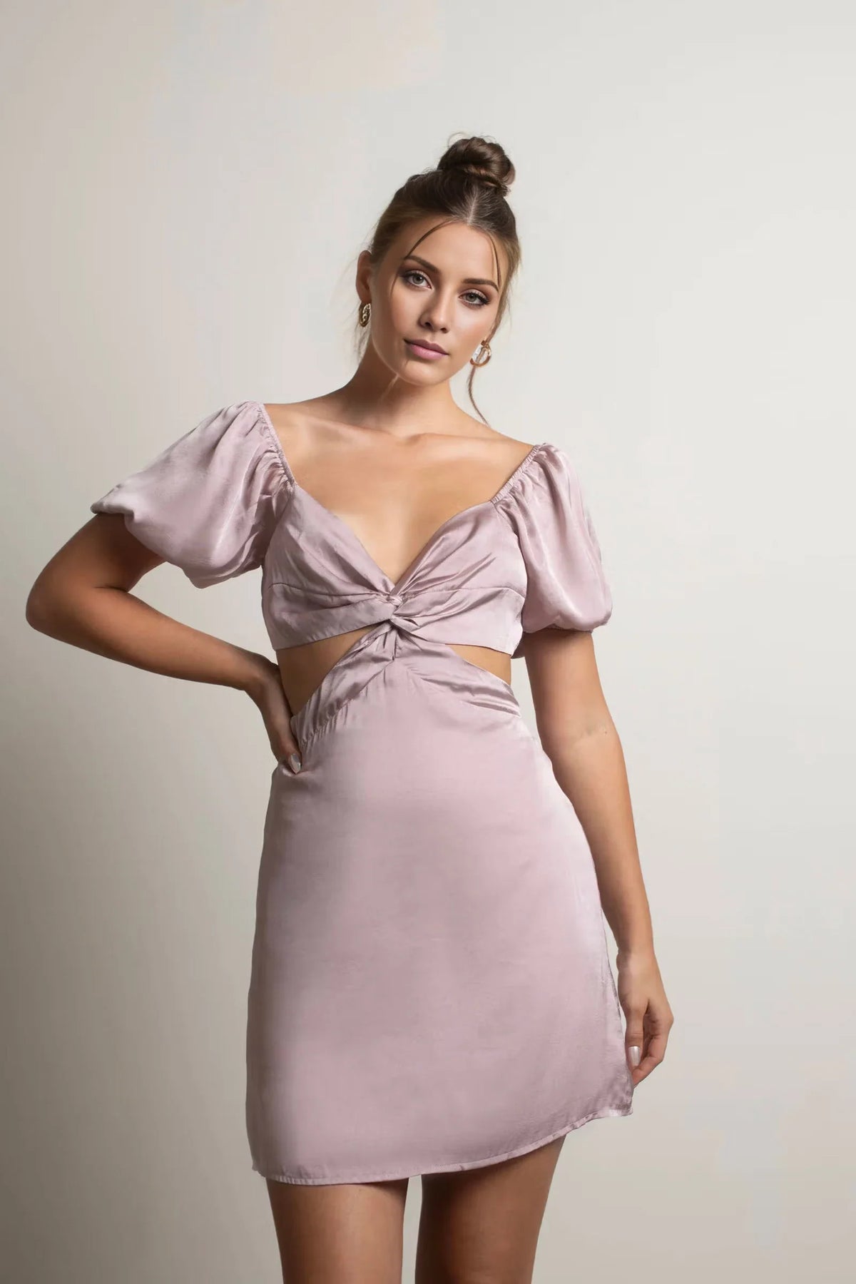 Deep V-neck off shoulder short sleeved off back mini Homecoming dress