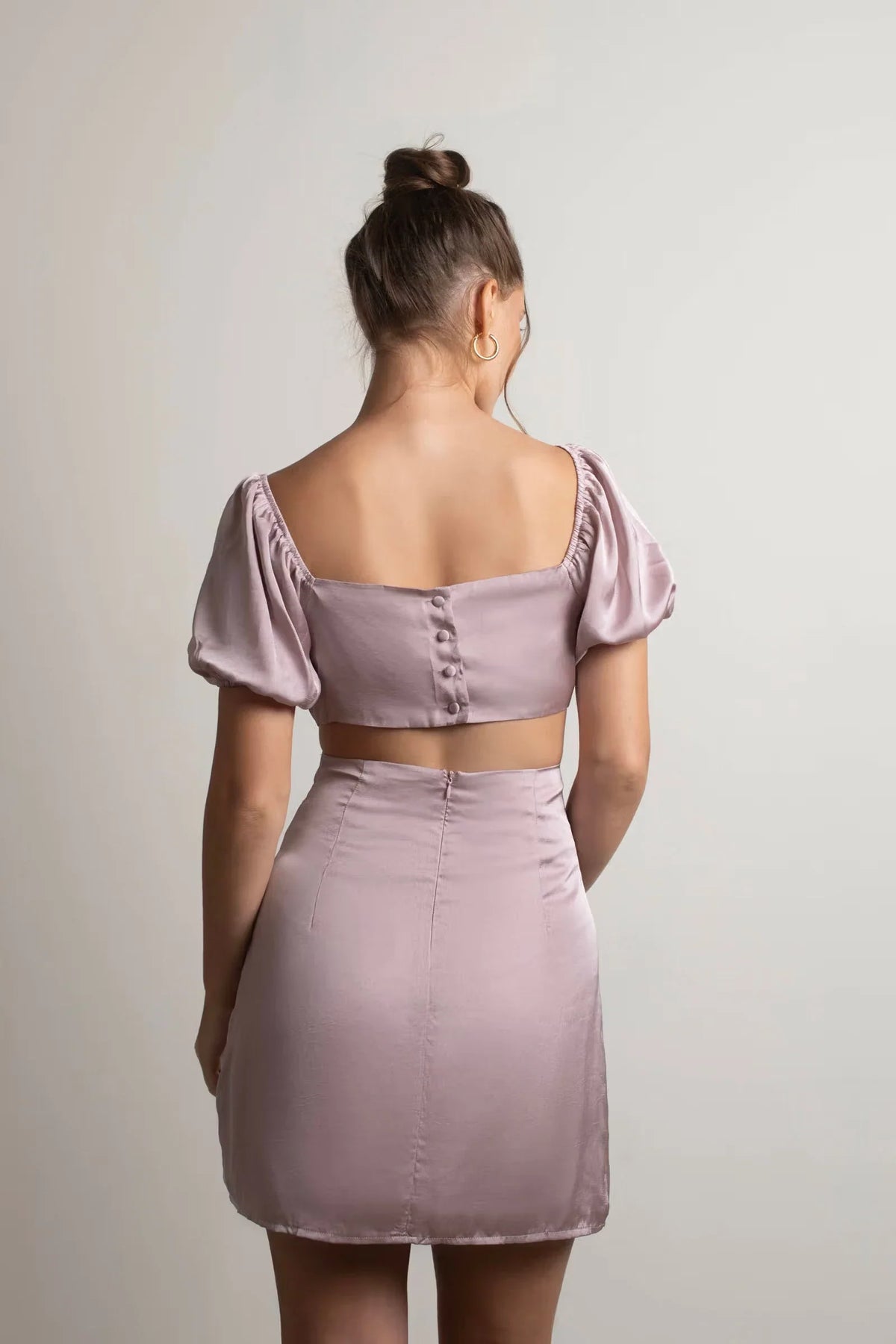 Deep V-neck off shoulder short sleeved off back mini Homecoming dress