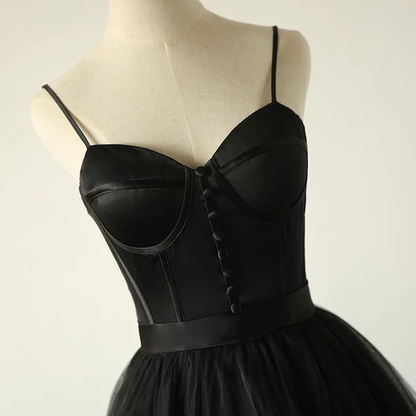 Ball Gown Spaghetti Straps Black Tulle Prom Dress Long Brush/Sweep Train Prom Dress c2834
