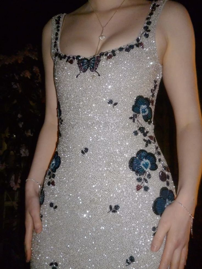 Sparkly Spaghetti Straps Silver Sequin Beaded Sheath Long Party Dress Evening Gown