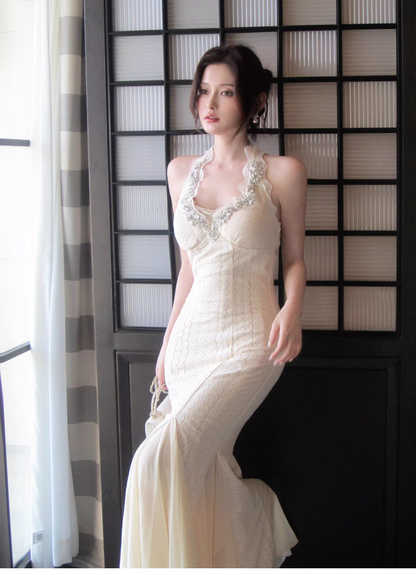 Charming Light Apricot Halter Lace Beaded Mermaid Party Dress Long Birthday Prom Gown SP1497