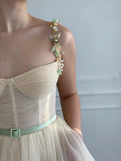 Beige Fairy Tulle Prom Dress  Beads Straps Fairy Prom Gown, Handmade Tea-length A-Line Tulle Ball Gown Wedding Dress c2752