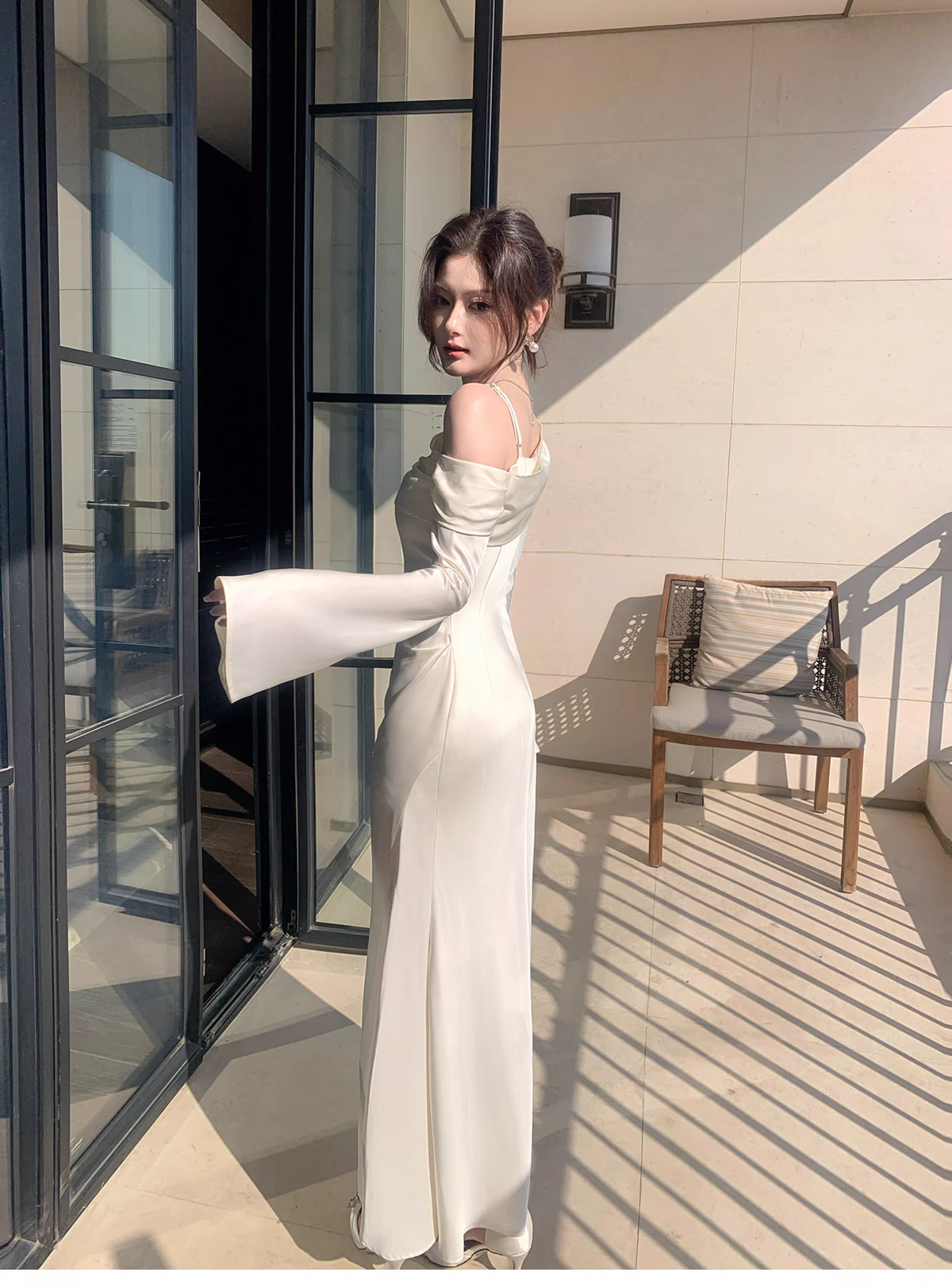 Classy Light Apricot Off The Shoulder Mermaid Slit Long Party Dress Prom Gown Formal Wedding Guest Dress SP1494