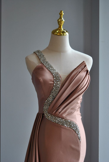 Rose Pink Crystal Beaded Evening Dress,One Shoulder Satin Mermaid Long Prom Dress Y8519