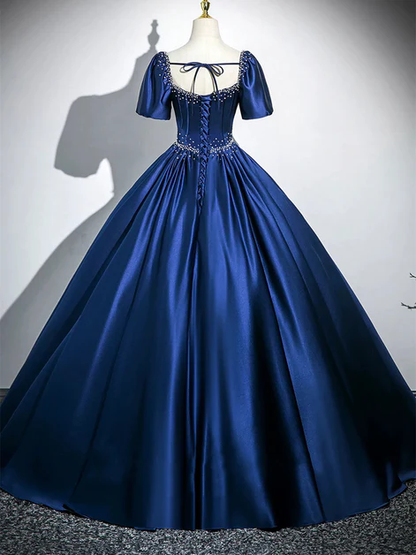 Charming Navy Blue Satin Sweetheart Pearls Beaded  Party Prom Dress, A Line Ball Gown cc2191