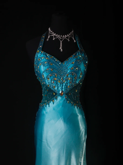Classy Halter Blue Satin Beaded Mermaid Slit Long Prom Dress Evening Gown SP1693