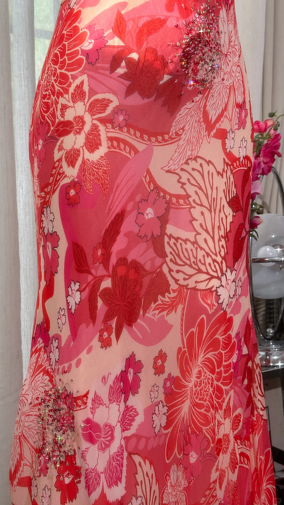Pretty Spaghetti Straps V Neck Red Chiffon Print Floral Mermaid Evening Dress Long Birthday Prom Gown