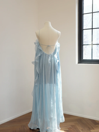 Pretty Spaghetti Straps Blue Chiffon Ruffle Long Party Dress Prom Gown
