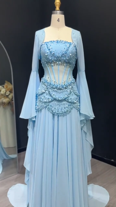 Elegant Blue Chiffon Beaded Long Party Dress Birthday Prom Dress SP1362