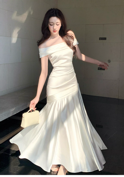 Charming Off The Shoulder White Satin Pleated Mermaid Long Evening Dress Birthday Dress SP1642