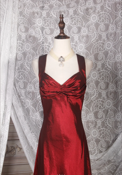 Vintage Burgundy V Neck Satin Mermaid Long Prom Dress Party Gown