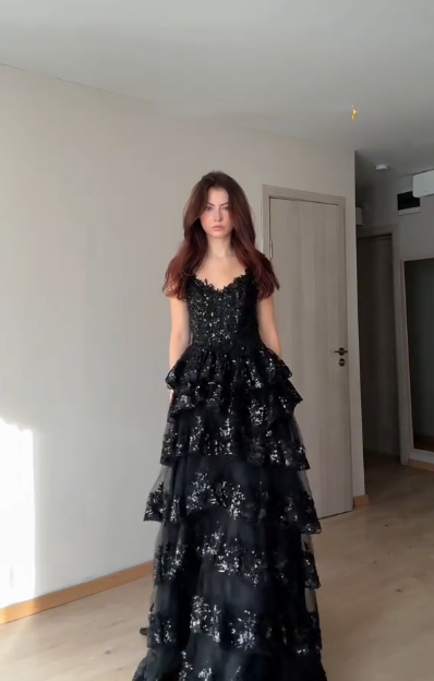 Sparkly Black Tulle Sequin Layered A Line Long party Gown Formal Evening Dress
