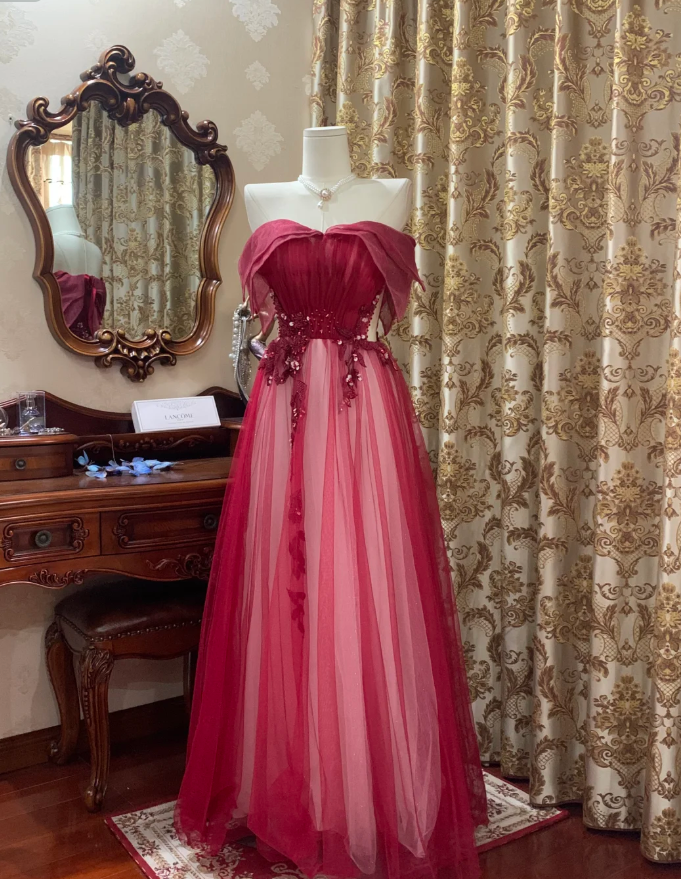 Pretty Red Off The Shoulder Tulle Beaded A Line Long Birthday Prom Dress Evening Dress SP1608